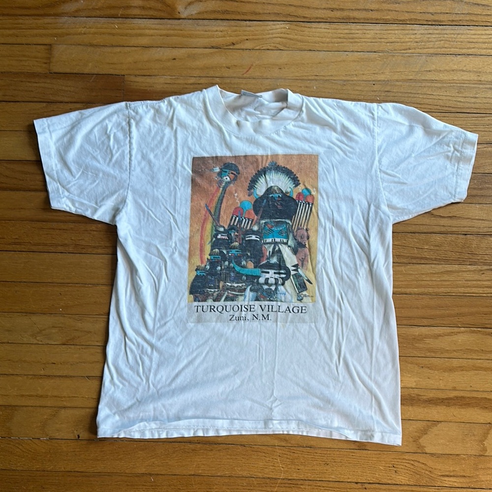 1990 White Graphic T-Shirt with Turquoise Village Zuni N.M.